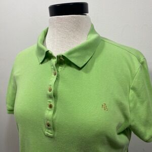 VTG Lauren Ralph Lauren Women's Medium Lime Green Polo Shirt Gold Button Pique